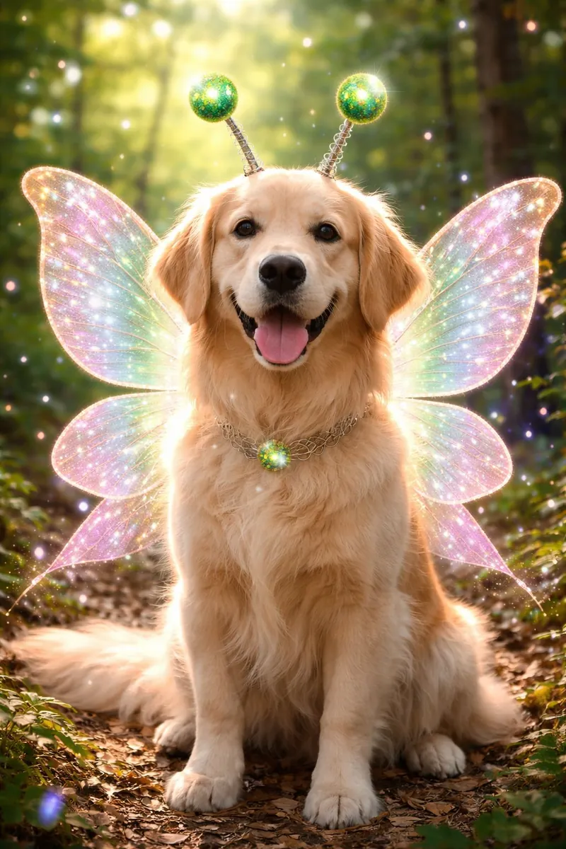 Golden retriever con antenitas de alien y alitas de hada